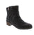 Sophisticated black ankle bootie with a sleek almond toe and practical block heel. Crafted with a supple leather upper, cozy faux fur lining, and cushioned microfiber footbed for all-day comfort.