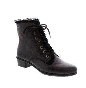 The Rieker Y0703-90 ankle boots come equipped with a lace-up front, side zipper, and a striking floral design complemented by a dainty lacey collar. For added comfort and support, the boots feature memory foam insoles. With a low block heel and flexible sole, these boots offer a balance of fashion and stability.