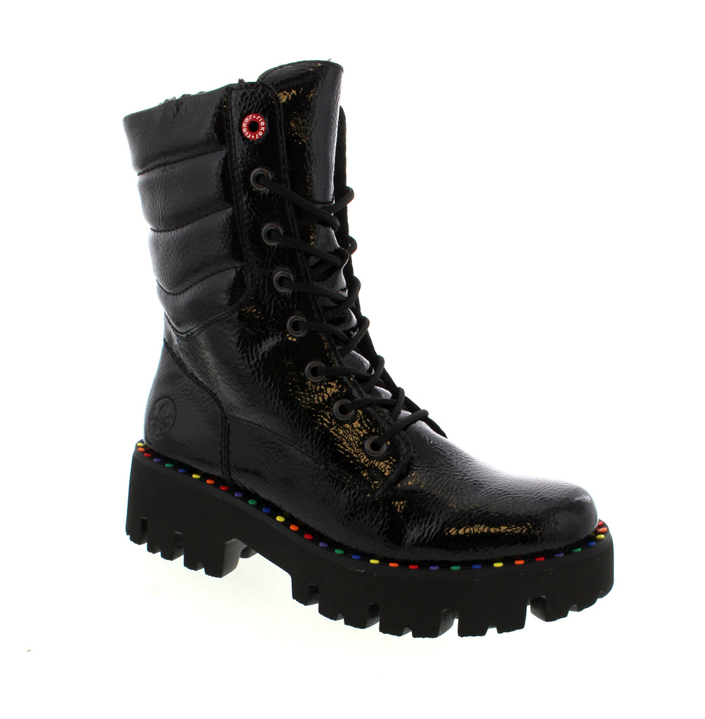 The Rieker Y3330-00 boot in Black features a polished patent leather upper paired with a practical lace-up design and side zipper for effortless on and off. Equipped with a removable insole, it ensures customizable comfort for extended wear. Engineered for casual and outdoor use, this boot delivers reliable support and a sleek look suitable for various settings.