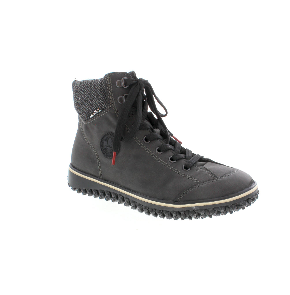 Experience comfort and practicality with the Rieker Z4251-45 ankle boot. This versatile shoe features a lace-up front and side zipper for easy on and off. The fleece lining provides warmth and comfort during colder months, while the soft footbed guarantees all-day comfort for your active lifestyle. Don't miss out, lace up and start your adventure today!