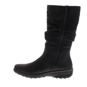 Protect your feet and look stylish in these Rieker Z7072-00 - Black Boots. Crafted with waterproof upper materials and insulated wool lining, these mid-calf boots will keep you warm and comfortable in the cold weather. With a side-zip closure and round toe, these boots are an ideal combination of form and function.