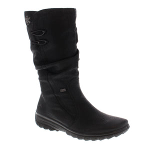 Protect your feet and look stylish in these Rieker Z7072-00 - Black Boots. Crafted with waterproof upper materials and insulated wool lining, these mid-calf boots will keep you warm and comfortable in the cold weather. With a side-zip closure and round toe, these boots are an ideal combination of form and function.