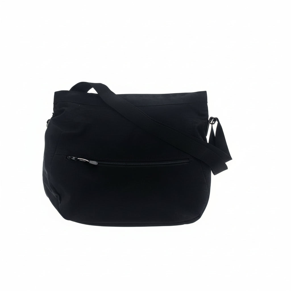This Derek Alexander black nylon crossbody handbag is your perfect companion for walks or on-the-go adventures. With multiple zippered pockets and compartments, it keeps your belongings organized and within reach. The fully adjustable strap ensures comfortable shoulder-wearing, expertly crafted for convenience and practicality.