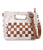 Introducing Keiki by Bed Stu. The woven checkerboard panels create a playful statement. The adjustable removeable crossbody strap offers versatile wear and the zip-top closure keeps essentials secure.