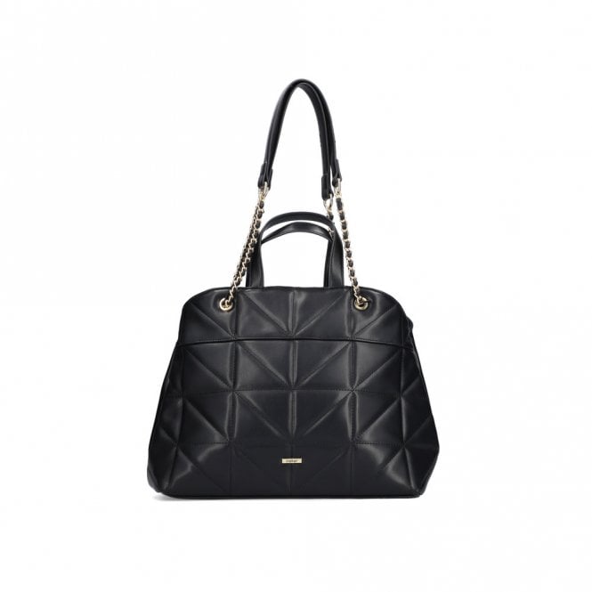 This Rieker shopper is both functional and fashionable. Its black design with gold accents is versatile for any outfit. With a divided main pocket, including a zippered inner pocket, and convenient short and long straps, this bag is perfect for everyday use. The stylish interwoven golden chain adds a touch of elegance.