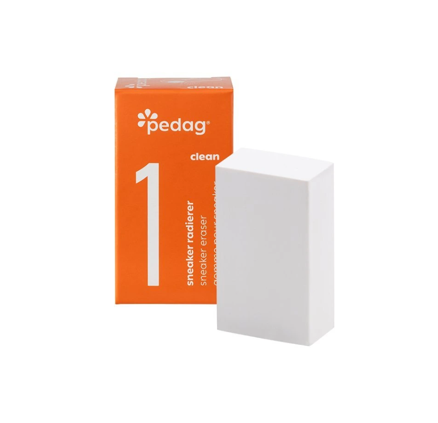 Pedag Sneaker Eraser for dry cleaning all sneaker materials including leather, textile, nubuck and rubber as well as white midsoles. Simply erase away stains stripes and edges for a quick and easy solution against superficial stains on sneaker materials.