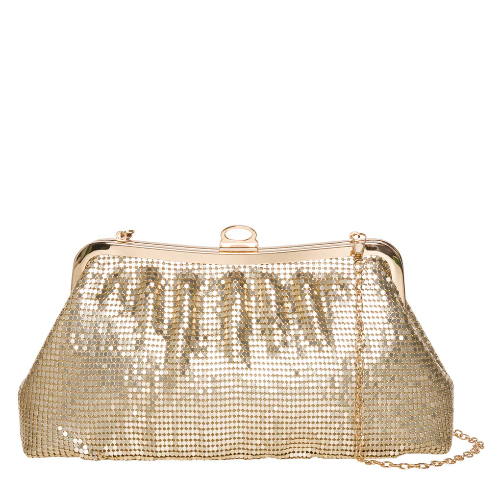 Elevate your style with the Taxi Georgia clutch. This luxurious gold bag features a shimmery sequin upper, metal frame, and shiny gold-tone hardware. The roomy main compartment, soft satin lining, and optional chain-link strap add functionality to its elegant design. Perfect for a sophisticated night out.