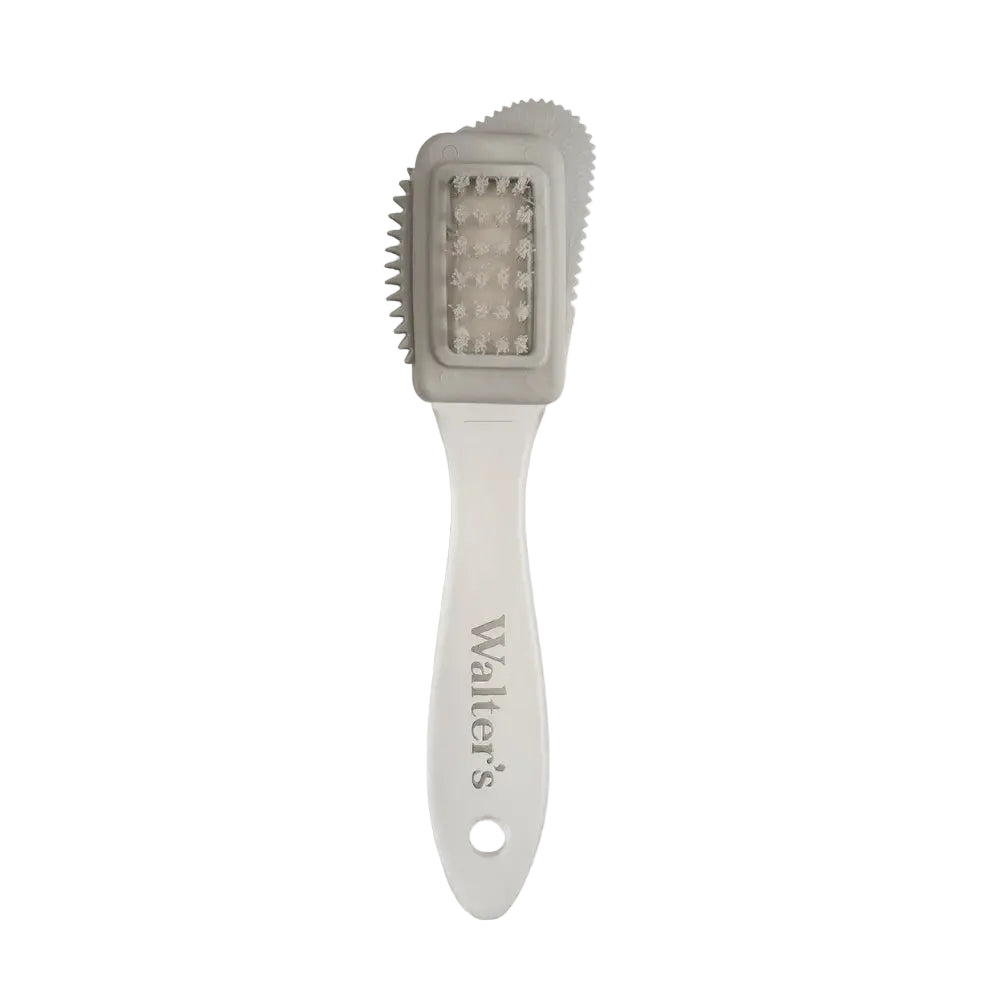 Walter's Suede &amp; Nubuck Brush is a dual-sided brush designed to effectively removes stains, spots, and surface dirt from delicate materials like suede and nubuck, as well as standard leather and fabrics. Its precision bristles lift embedded particles and restore the natural nap of soft materials without causing damage. Ideal for regular maintenance and spot cleaning, this professional-grade brush keeps your footwear looking fresh and extends shoe life. A versatile essential for any shoe care collection