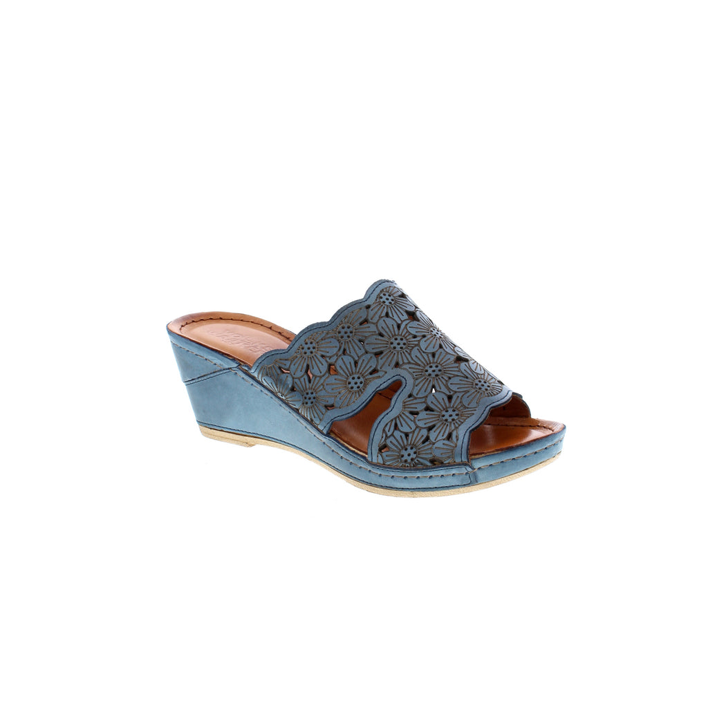 Enhance your style with the sophisticated and comfortable Volks Walker 1517 - Denim sandals. The round toe, wedge heel, and rubber outsole make these sandals perfect for casual wear.