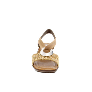 This dress sandal features a beautiful woven upper with a decorative buckle complete with an elastic strap to slip on easily. Built on a block heel - these sandals elevate any outfit! 