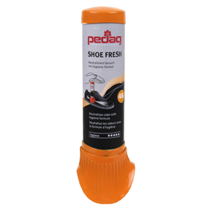 The Pedag Shoe Fresh is an antibacterial deodorant that effectively absorbs all unpleasant odors. Its neutral scent gives your shoes intense and long-lasting freshness. This product is perfect for closed, sports and winter shoes and is ready to be used on leather, synthetics, nylon and other fabrics.