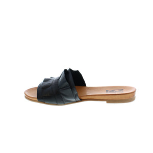 The Alena is designed with a soft, leather band. Ruffled detailing on the upper offers a playful twist to this simple slide. The slight heel makes these sandals a pleasant, everyday shoe.