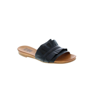 The Alena is designed with a soft, leather band. Ruffled detailing on the upper offers a playful twist to this simple slide. The slight heel makes these sandals a pleasant, everyday shoe.