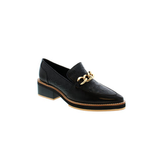 Tamara London Bambino loafer features a mix of leather and smooth upper with embossed croco print leather. Embellished with a gold chain and sharpened toe shape, these loafers are classic, with a fashion-forward twist!