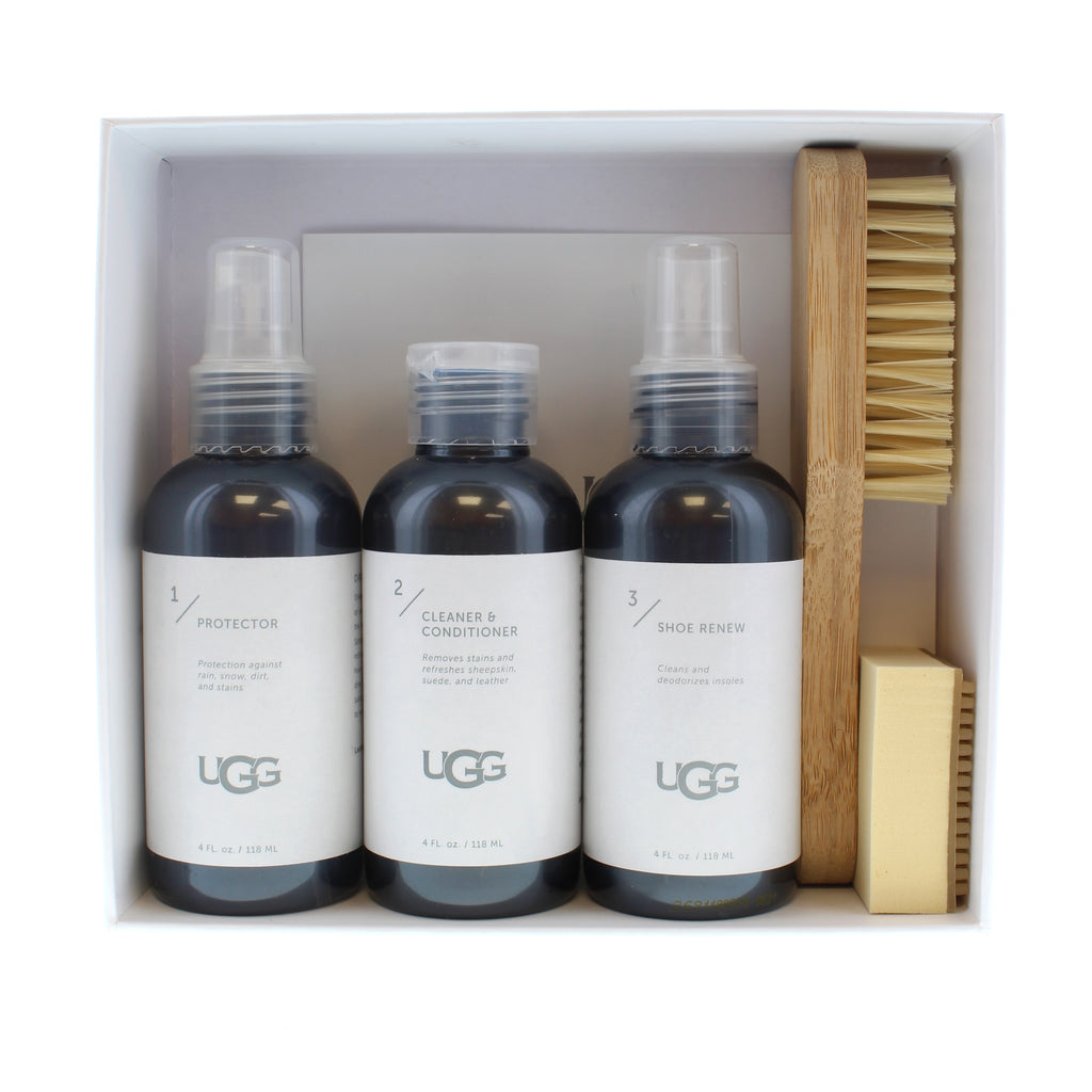 UGG's Sheepskin & Suede Care Kit is great for maintaining the look and quality of your Ugg boots! This care kit includes a protector, cleaner, shoe renew, brush and eraser. All of the products you need to keep your boots looking brand new!