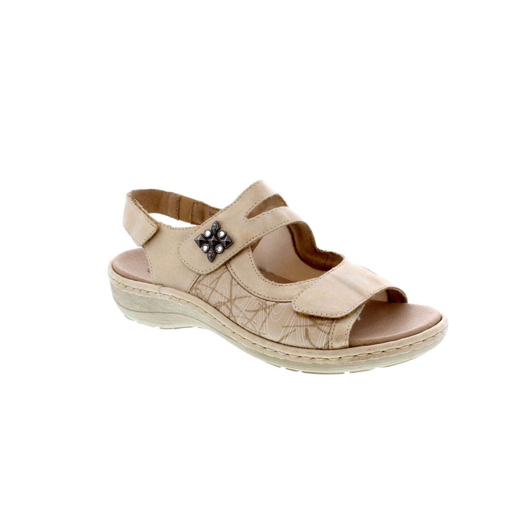 This gorgeous open-toe sandal features three adjustable velcro straps for a customizable fit, with a beautiful print design and a jewelled brooch design, a slight wedge heel, and a shock-absorbent footbed to keep your feet comfortable and supported. 