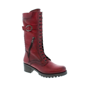 Dorking Glass D8640 heeled leather boot features a lace-up front, side zipper, and side buckle, giving it a rocker, edgy design.