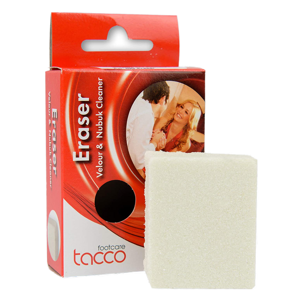 Tacco suede eraser spot cleans suede, suede-like or nubuck items. Gently brush the eraser over the soiled area to remove dirt and stains, keeping your footwear, handbags and jackets clean. We recommend using a suede brush to refresh the nap after cleaning.