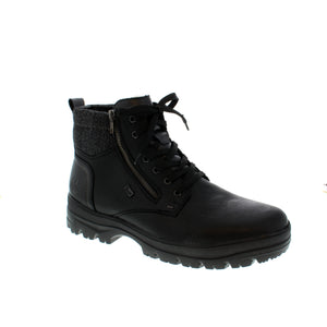 Rieker F5401-00 boot is designed with a lace-up front for a customized fit, a side zipper for easy on/off, Remonte Tex for a water-repellent finish, gripped outsole for traction and a flip grip for ultimate traction on ice and snow.