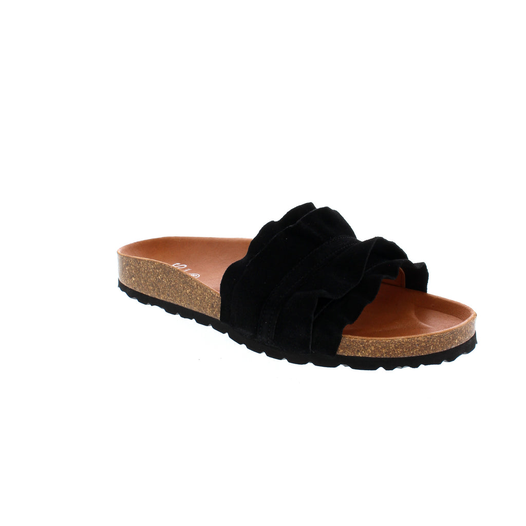 EOS Ginora is the perfect slide for the beach or the boardwalk. Featuring a ruffled suede, moulded cork footbed with rubber outsole. These versatile slides will keep you moving in comfort.