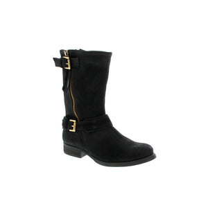 Take your look to the next level with the Steve Madden Kavilier-Black mid-calf boots. Crafted with a leather upper, fabric lining, and rubber outsole, these stylish boots feature a side-zip closure and a 1-2