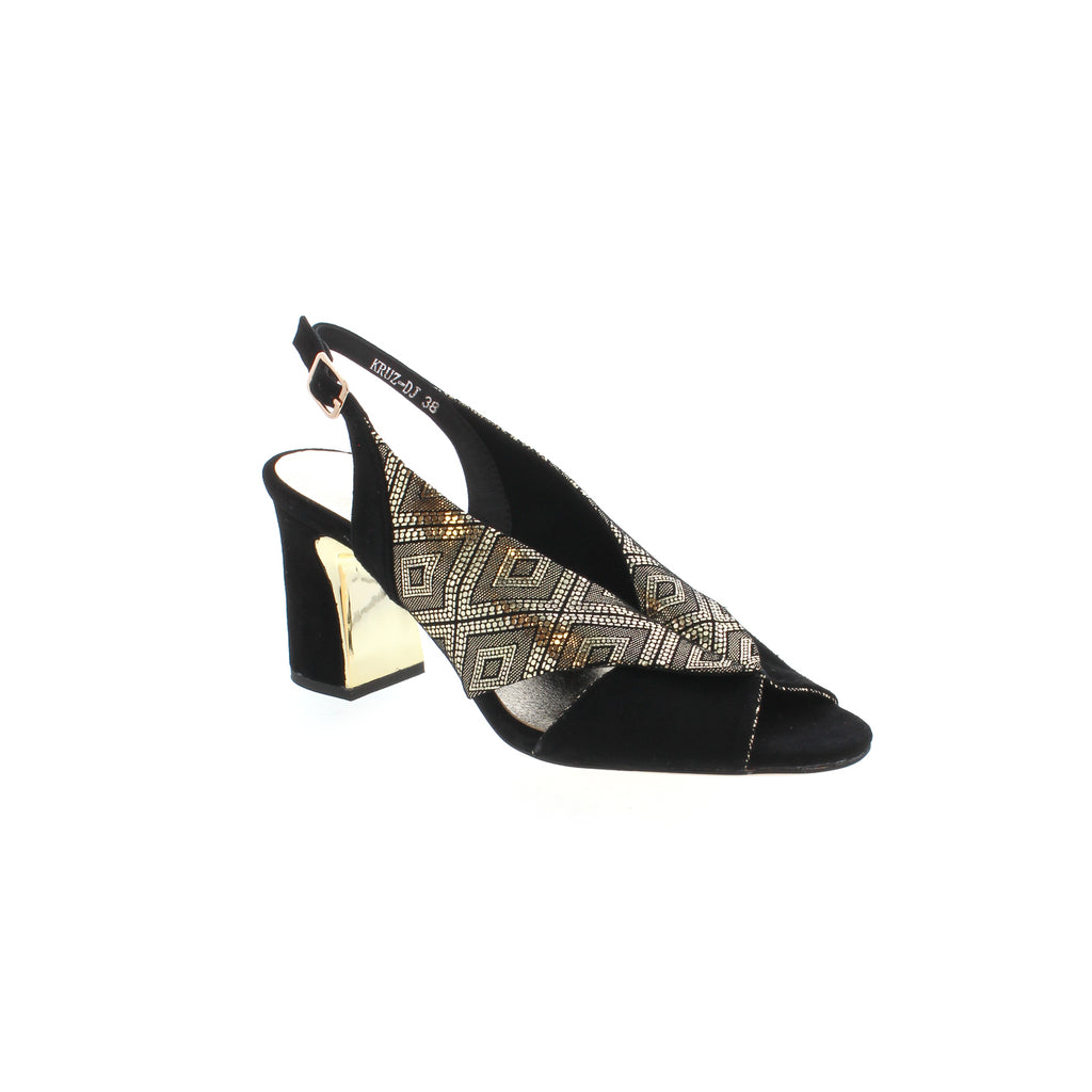 Django & Juliette Kruz heeled sandal features a metallic and suede upper for a light-catching shine that's irresistible day or night, and adjustable backstrap for extra security and a beautiful suede-wrapped block heel. 