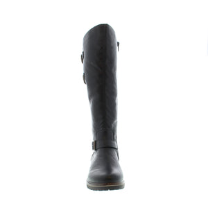 The Remonte R6590-01 knee-high boot features a leather upper, side zipper for easy on/off, decorative buckles and a gripped sole for traction.