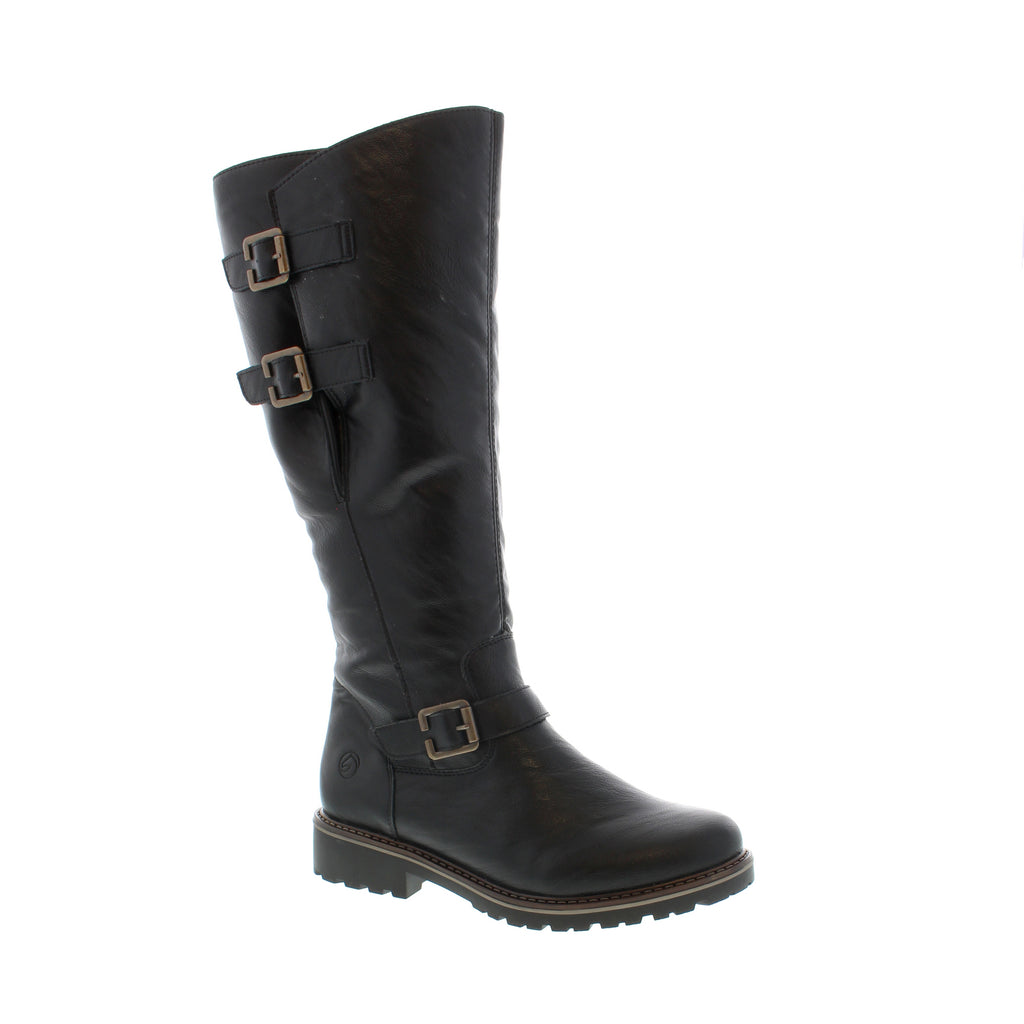 The Remonte R6590-01 knee-high boot features a leather upper, side zipper for easy on/off, decorative buckles and a gripped sole for traction.