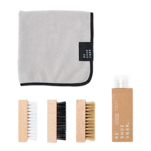 The Essential Shoe Cleaning Kit includes the essentials needed for cleaning a variety of materials. This kit includes a cleaning solution, soft bristle brush, medium bristle brush, stiff bristle brush, and a microfiber towel to bring your shoes back to life! Reshoevn8r is dedicated to a waste-free future, and 100% of the packaging used for their products is reusable and/or recyclable.