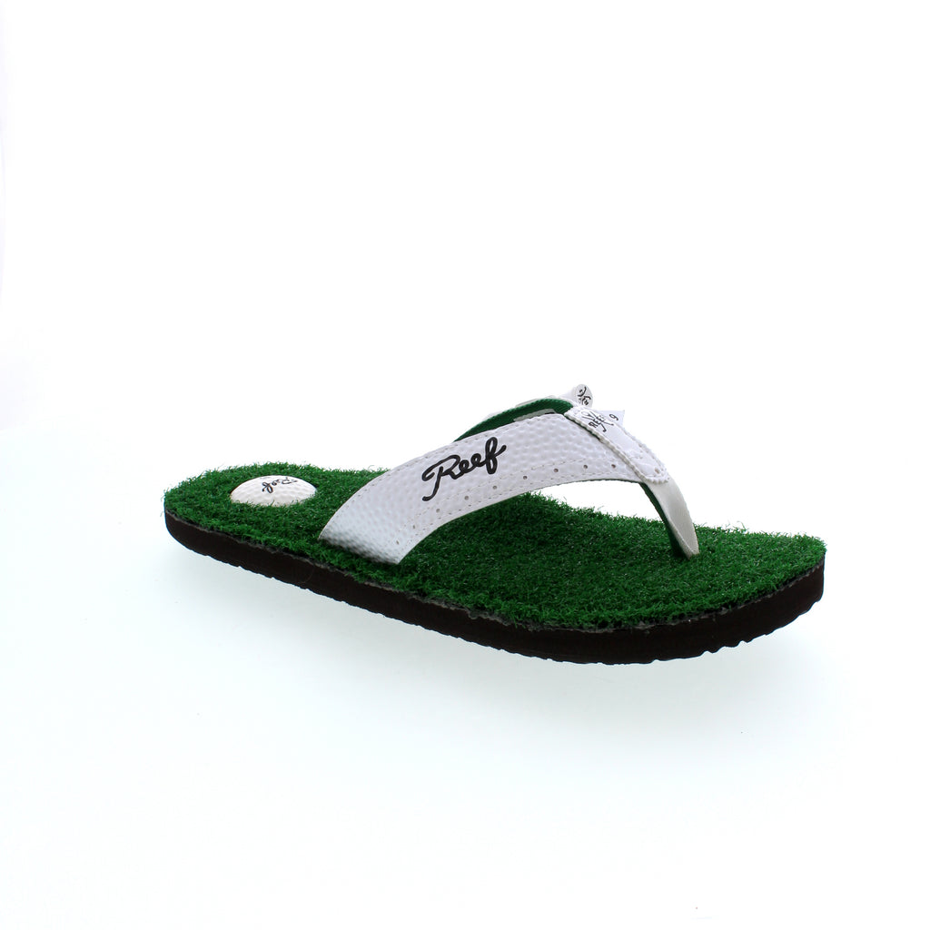 The Mulligan Reef sandal is inspired by days on the links. Featuring a manmade golf ball textured upper with Reef tee, tee holder, and 19th hole flag. This polyester woven liner is designed with a bottle opener and synthetic fairway footbed with molded golf ball logo, anatomical arch support and a molded high-density EVA outsole.