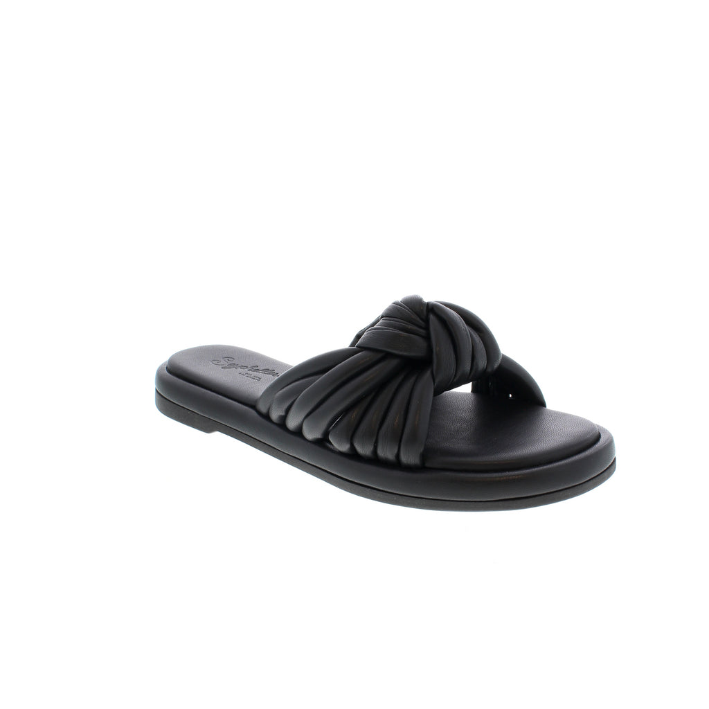 Seychelles Simply The Best slide sandals feature a chunky knotted upper made of puffy tubular straps atop a sporty monochromatic flat bottom for a fashion-forward design in an everyday sandal. 