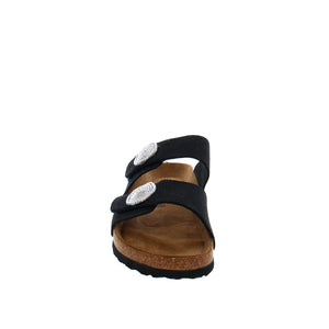 Slide into this Rieker sandal with ease! This sandal elevates any outfit with its casual, classy look, featuring two large medallions on its buckle straps.