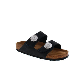 Slide into this Rieker sandal with ease! This sandal elevates any outfit with its casual, classy look, featuring two large medallions on its buckle straps.